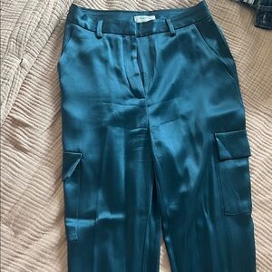 Teal Satin Cargo Pants